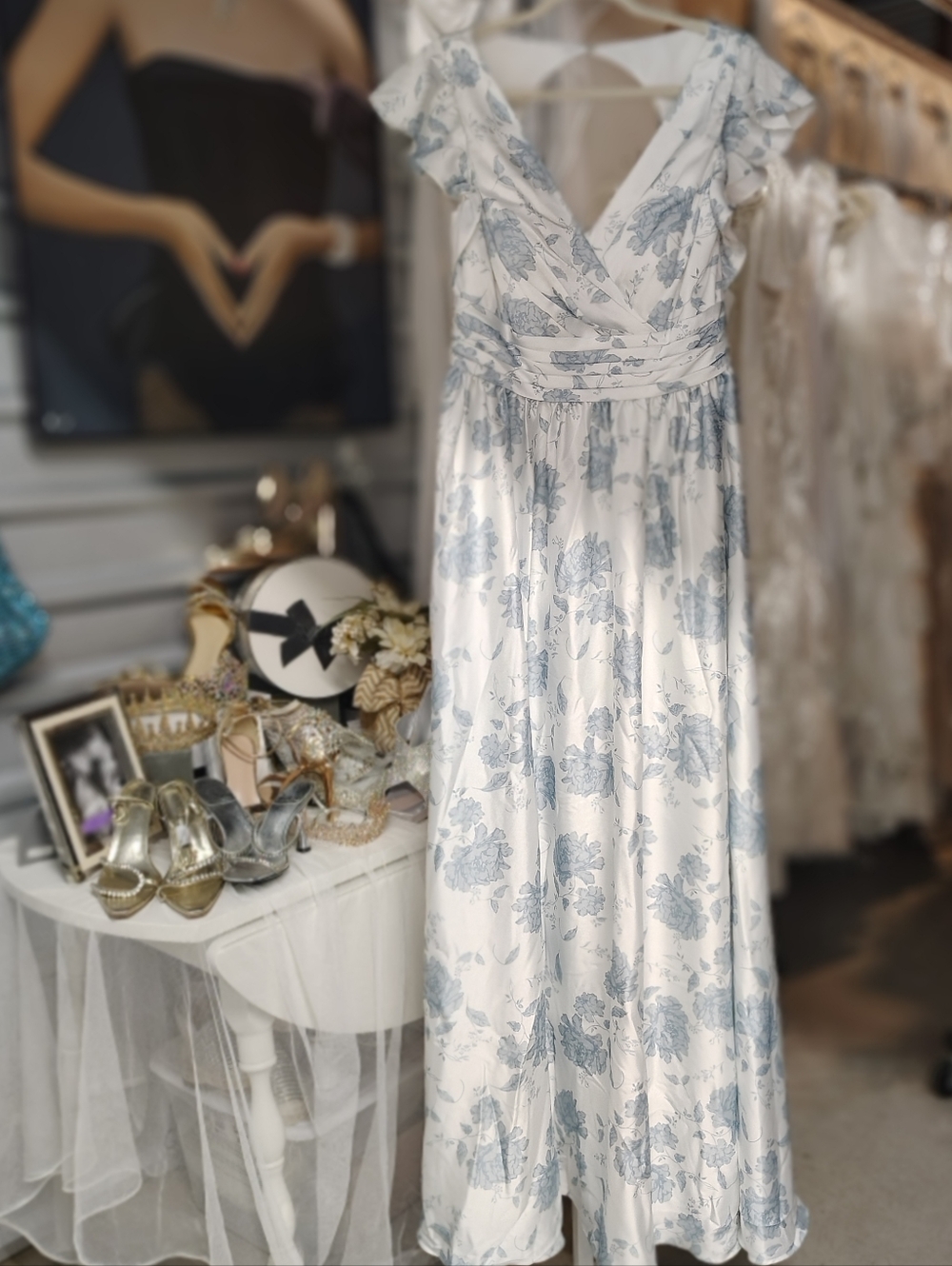 AW Bridal Dusty Blue Peonies Satin Charmeuse Dress | US 14 | NWOT - Picture 2 of 5